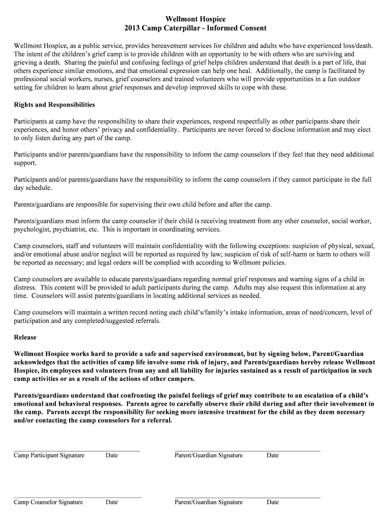 Wellmont Hospice 2013 Camp Caterpillar - Informed Consent Preview on Page 1