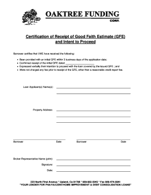 Certification of Receipt of Good Faith Estimate