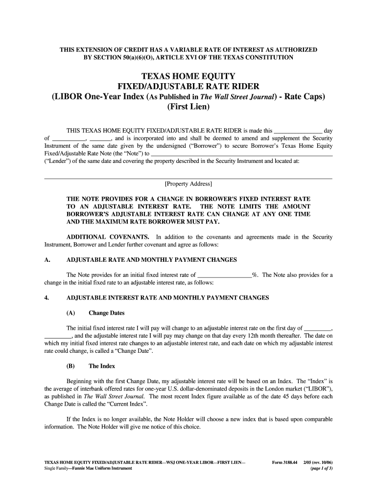 Texas Home Equity Fixed Adjustable Rate Rider Preview on Page 1