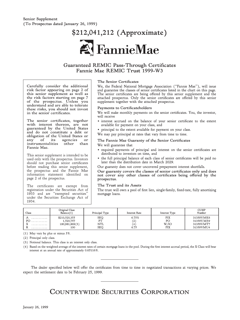 Senior Supplement (To Prospectus dated January 26, 1999) $212,041,212 (Approximate) Guaranteed REMIC Preview on Page 1