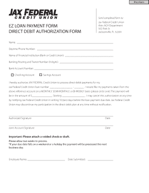 Authority to debit letter for form a - Ez loan payment form direct debit authorization form - Jax Federal ...