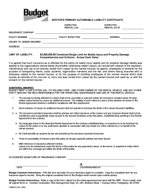 Renter’s Primary Automobile Liability Certificate