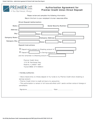 Premier Credit Union Direct Deposit Authorization Agreement