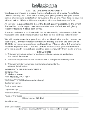 Bella Donna Jewelry Limited Lifetime Warranty Form