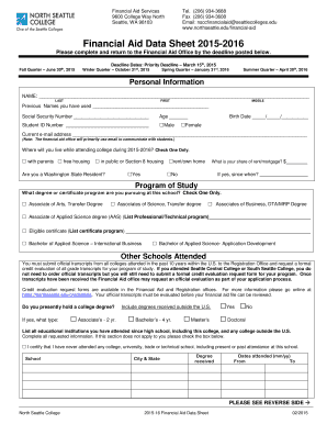 North Seattle College Financial Aid Data Sheet