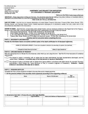 Agreement and Request for Disposition of a Decedent's Treasury Securities