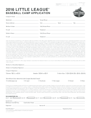 2016 Little League Baseball Camp Application Form
