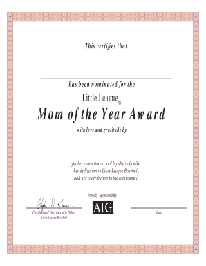 Little League Mom of the Year Award Certificate