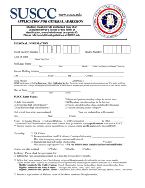 Fillable Online suscc APPLICATION FOR GENERAL ADMISSION - suscc Fax