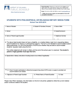 Students with Philosophical or Religious Dietary Needs Form