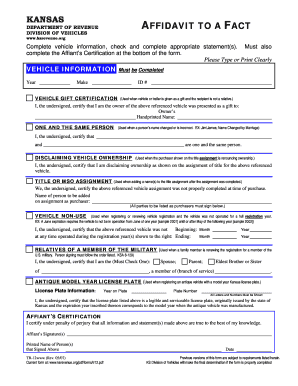 Kansas Vehicle Affidavit to a Fact
