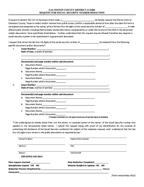 Galveston County Social Security Number Redaction Request