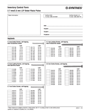 Inventory Control Form for Distal Fibula Plates