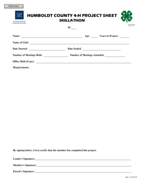 Print Form HUMBOLDT COUNTY 4H PROJECT SHEET SKILLATHON Protected Under 18 U - unce unr