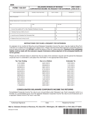 Delaware Corporation Income Tax Extension Form 1100-EXT