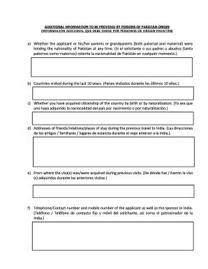 Pakistan Origin Additional Information Form