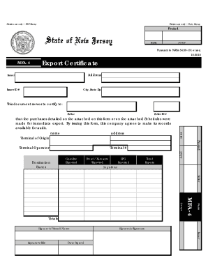 New Jersey MFA-4 Export Certificate