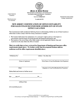 State of New Jersey DEPARTMENT OF BANKING AND INSURANCE LICENSING SERVICES BUREAU BANKING CHRIS CHRISTIE Governor PO BOX 473 TRENTON, NJ 086250473 KIM GUADAGNO Lt