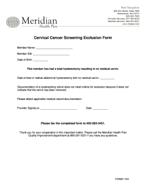 Cervical Cancer Screening Exclusion Form