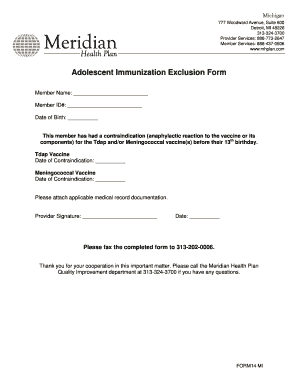 Adolescent Immunization Exclusion Form