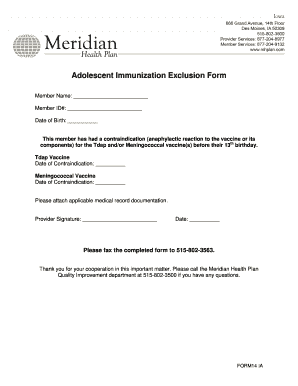 Adolescent Immunization Exclusion Form