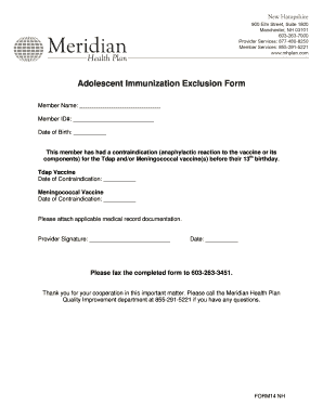 Adolescent Immunization Exclusion Form