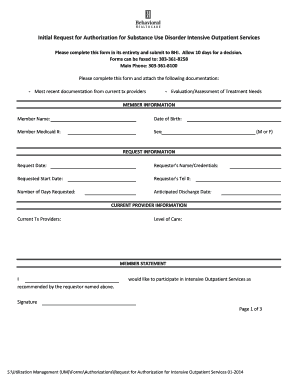 Request for Authorization for Substance Use Disorder Intensive Outpatient Services