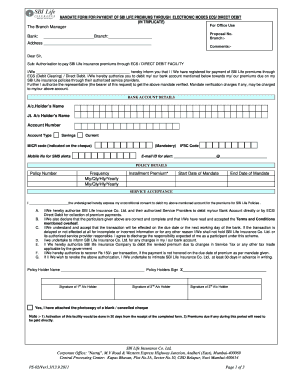 SBI Life Insurance Premium Payment Mandate Form