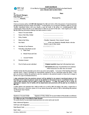 SBI Life Insurance SI Mandate Form