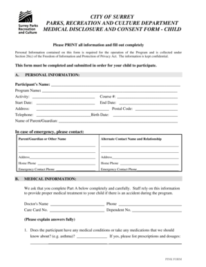 City of Surrey Child Medical Disclosure and Consent Form