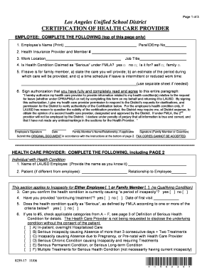 Los Angeles Unified School District Certification of Health Care Provider