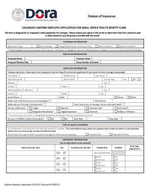Colorado Uniform Employee Application for Small Group Health Benefit Plans