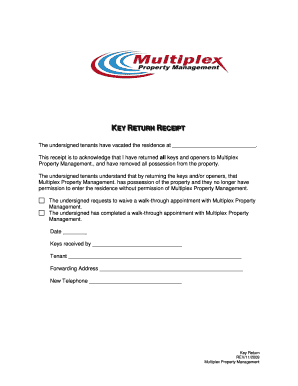 Key Return Receipt for Tenant Vacation