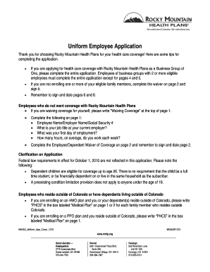 Colorado Uniform Employee Application for Small Group Health Benefit Plans