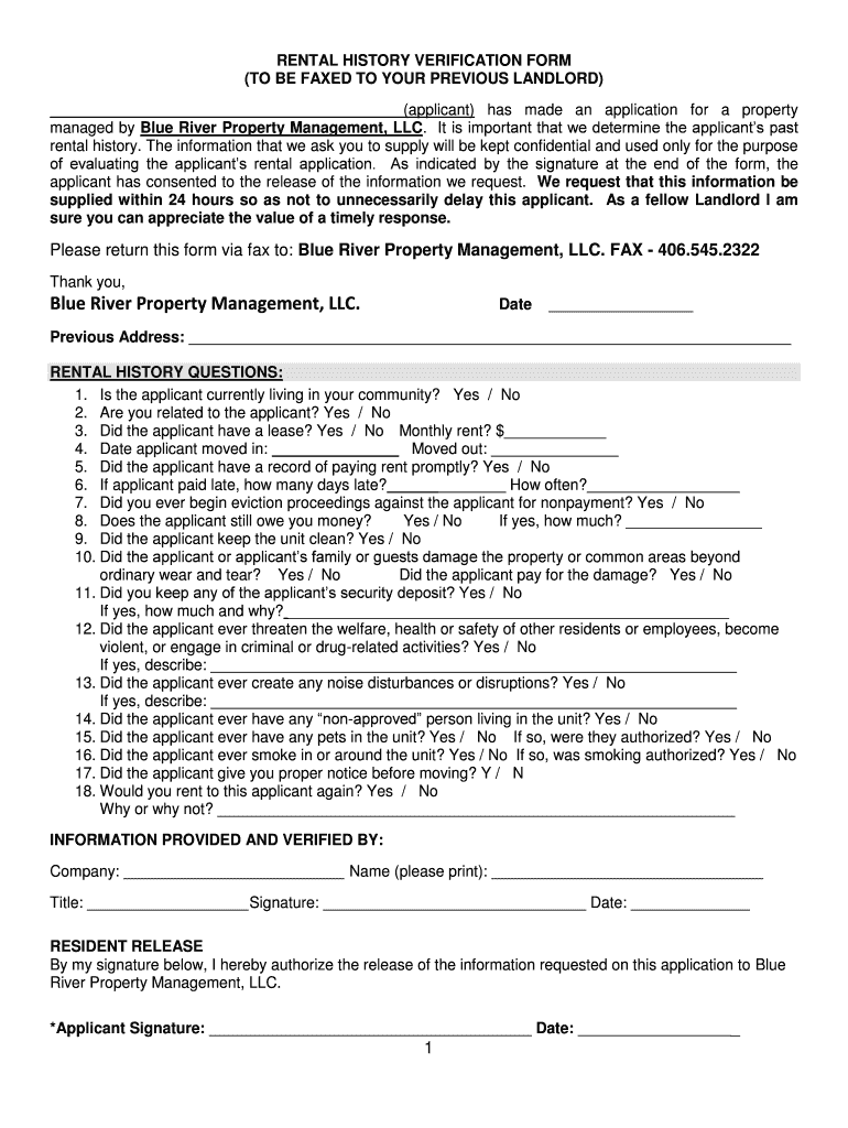 Fillable Online Blue River Property Management LLC Fax Email Print