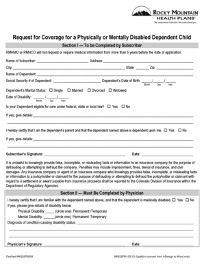Request for Coverage for Disabled Dependent Child