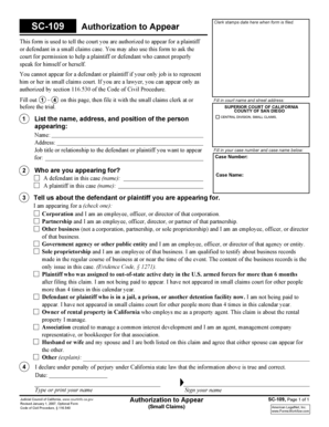 California Authorization to Appear SC-109