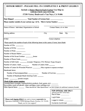 Donor Sheet for Operation Gratitude