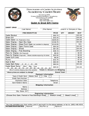 Cadet & Grad Gift Order Form