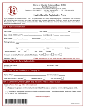 District of Columbia Retirement Board Health Benefits Registration Form