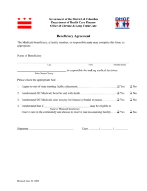 District of Columbia Medicaid Beneficiary Agreement