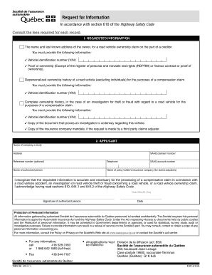Québec Request for Vehicle Information Form