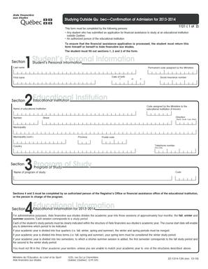 Québec Student Financial Aid Confirmation of Admission Form