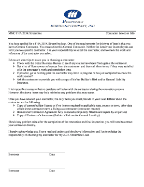 FHA 203K Streamline Contractor Selection Form