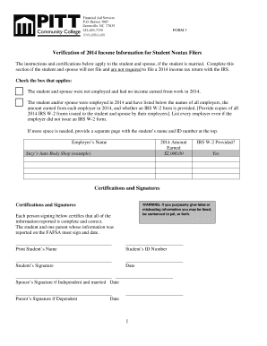 Verification of 2014 Income Information for Student Nontax Filers