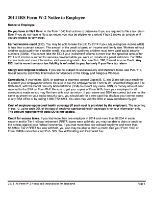 2014 IRS Form W-2 Notice to Employee