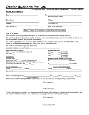 Bank Reference Form for Auto Dealers