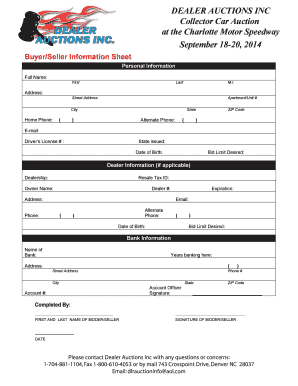 Collector Car Auction Buyer/Seller Information Sheet