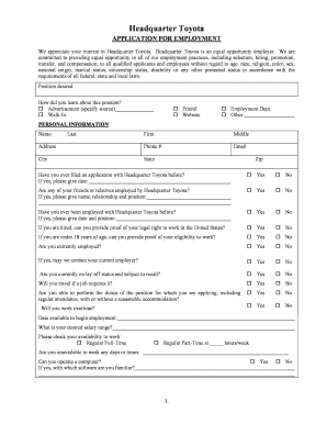 Headquarter Toyota Employment Application