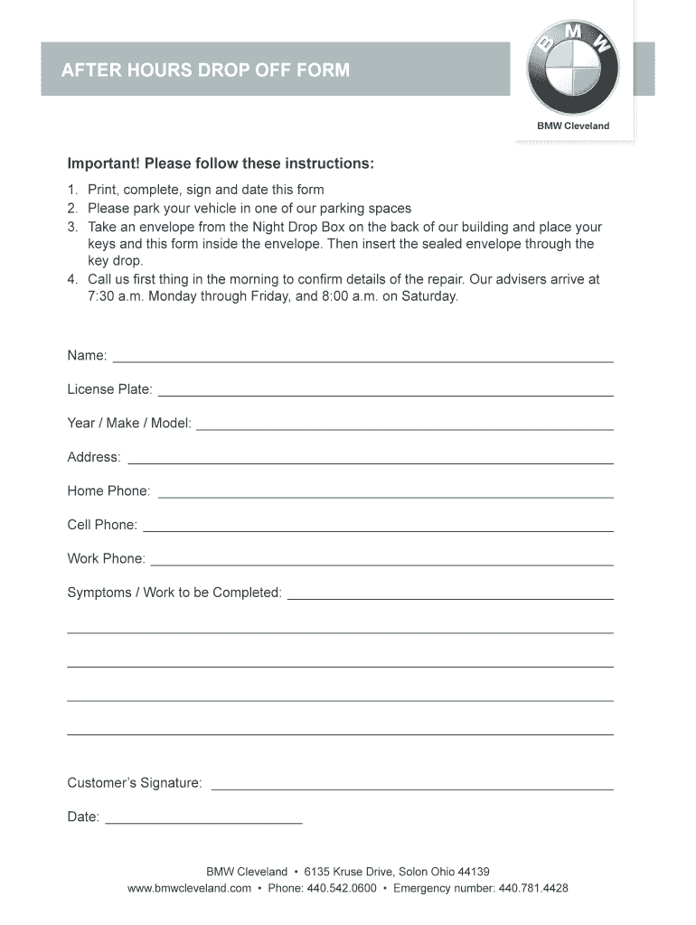 Fillable Online AFTER HOURS DROP OFF FORM Fax Email Print